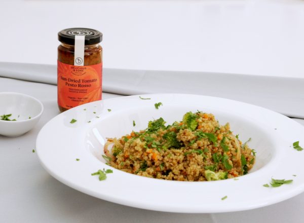 pesto quinoa salad recipe image by delicious & sons