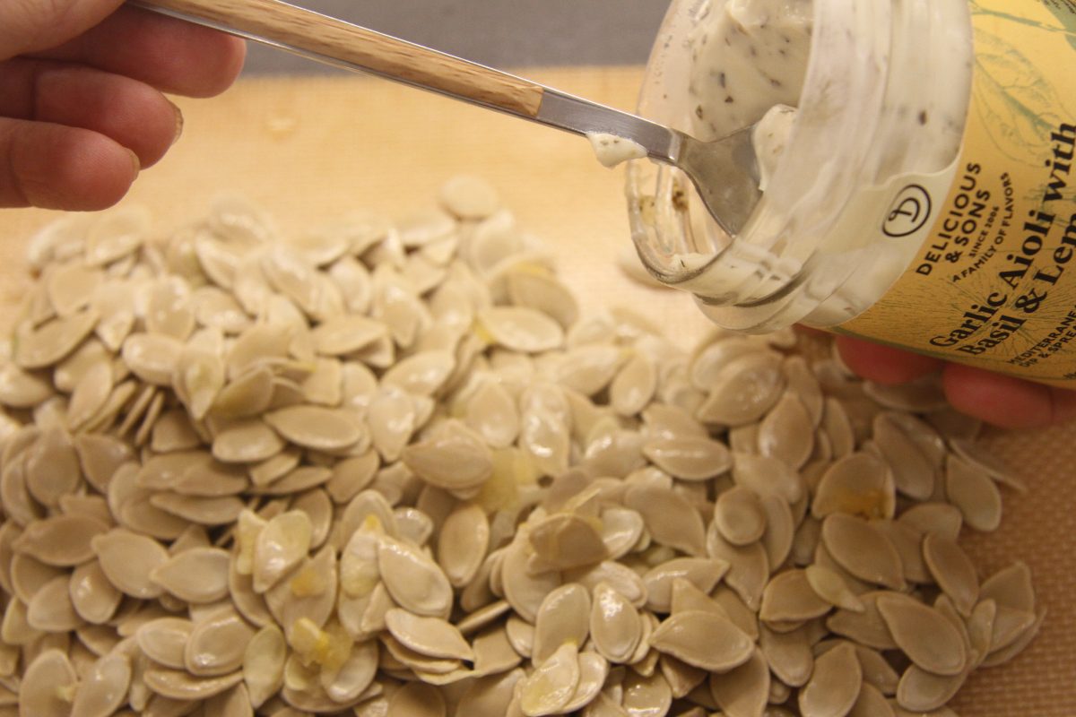 Roasted Pumpkin Seeds for Halloween with Organic Aioli with Basil and Lemon — Delicious & Sons