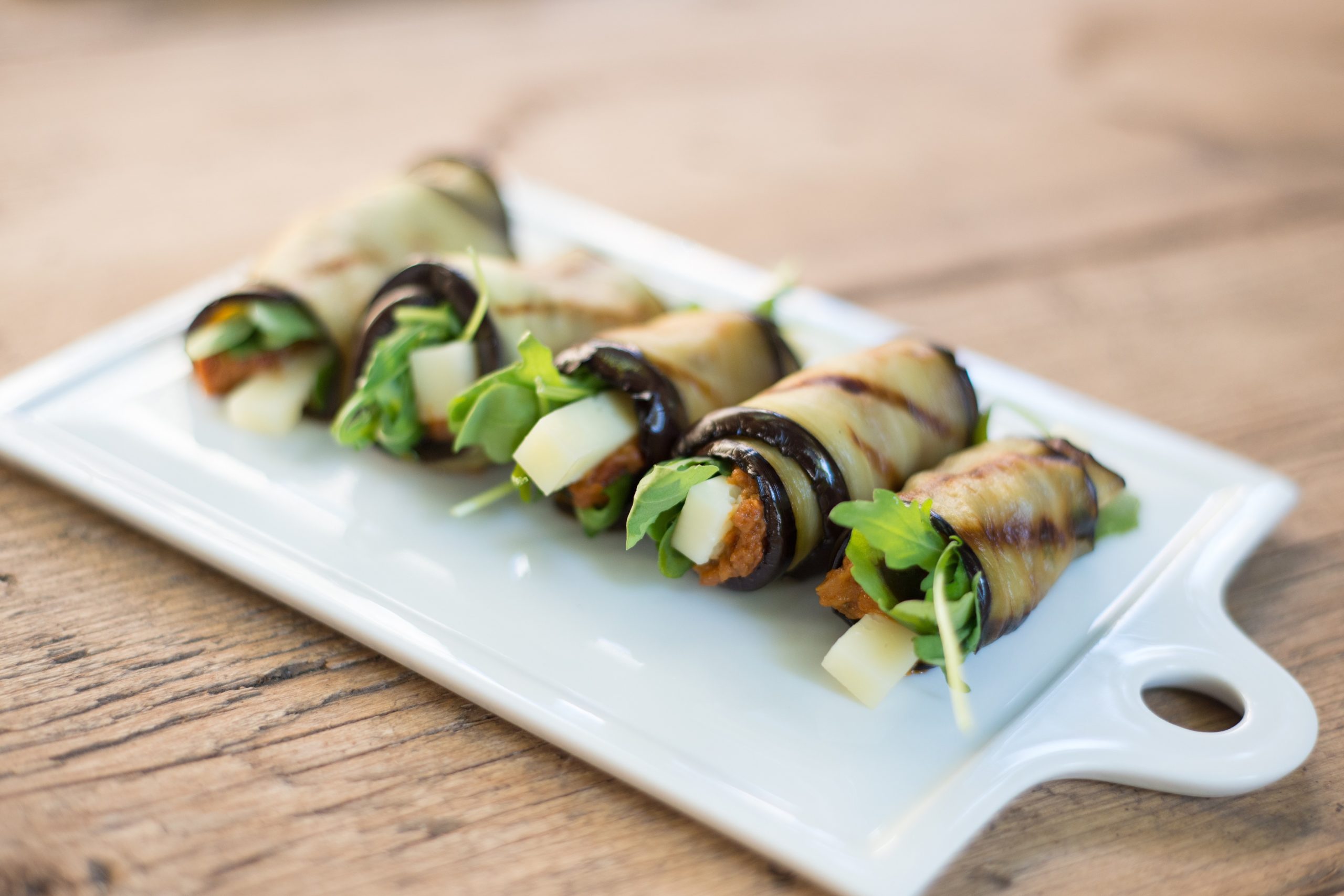Eggplant rolls with red pesto variation