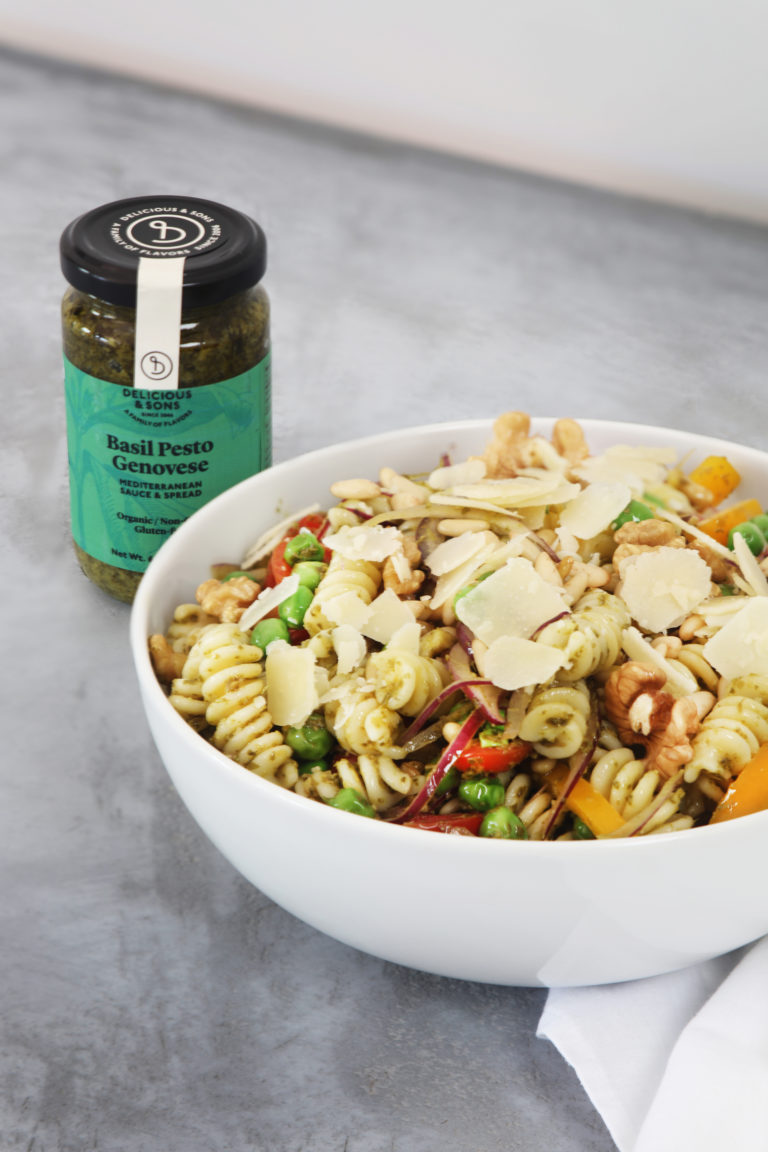 Pasta Salad with Peas and Organic Basil Pesto Genovese by Alberto Rey — Delicious & Sons