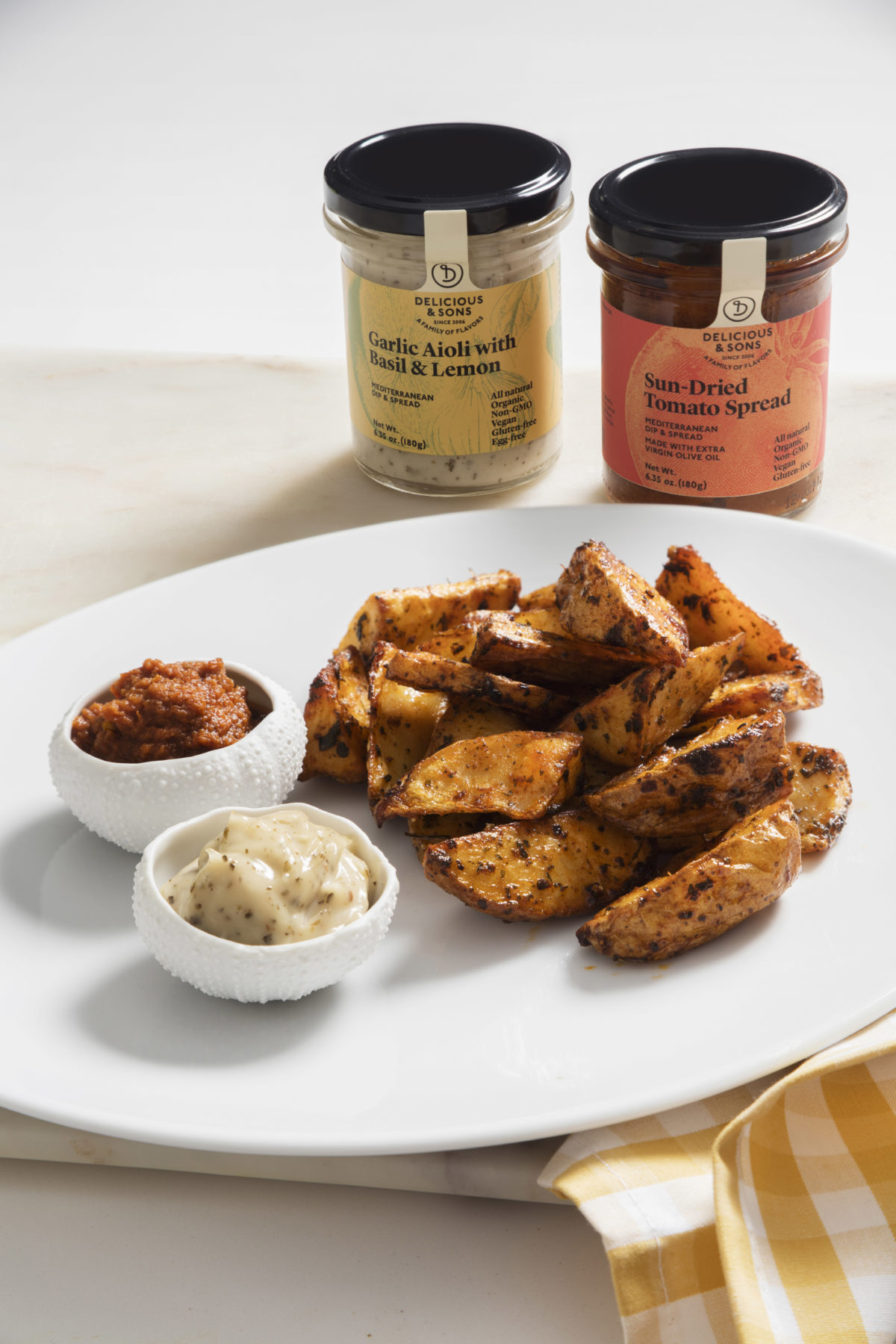 Patatas Bravas with Basil & Lemon Aioli and Sun-Dried Tomato Spread by Míriam Fabà — Delicious & Sons