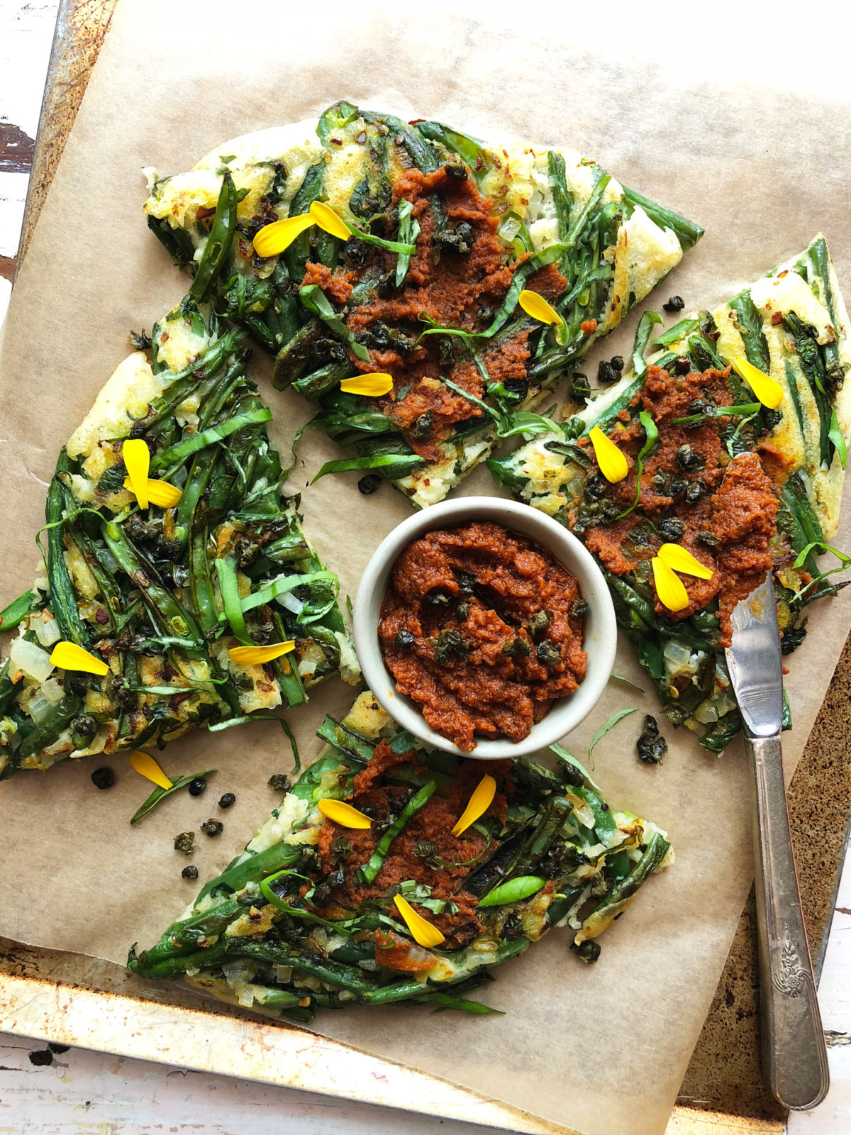 Green Bean and Basil Pancake with Sun-Dried Tomato Spread by Marisa Ford
