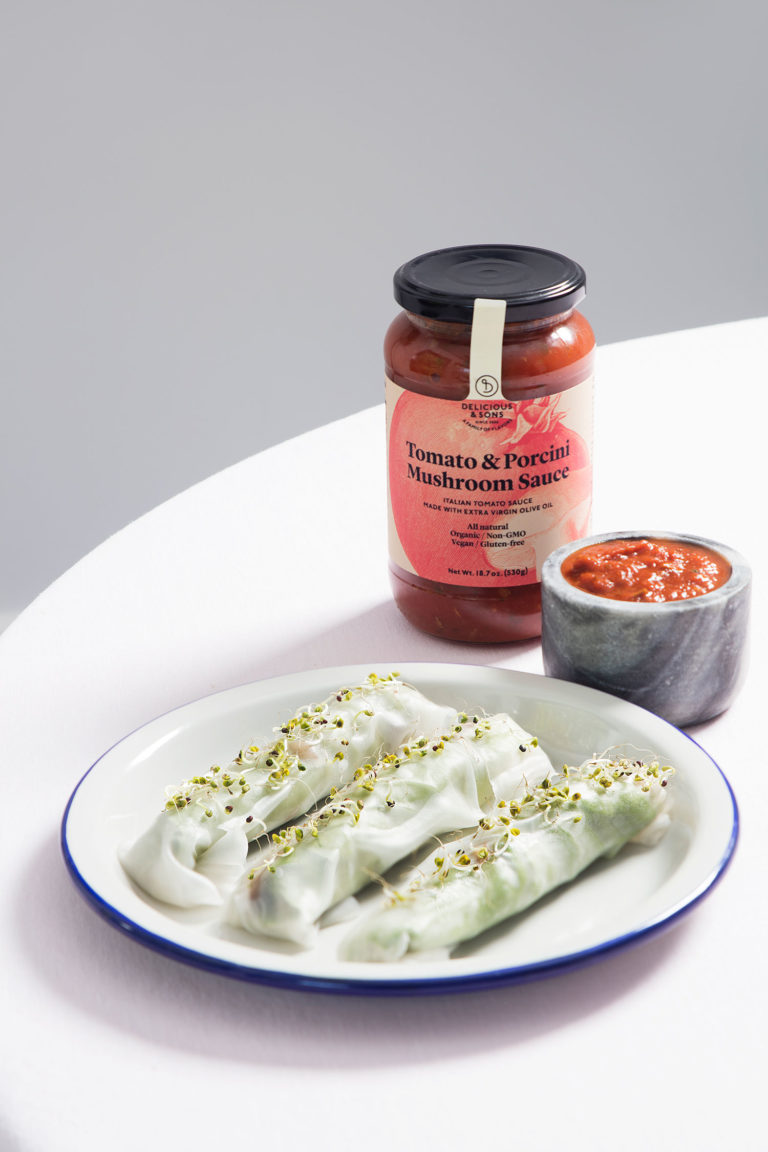 Vegan “Baby Eel” Rolls with Tomato and Porcini Mushroom Sauce by Anna Alós — Delicious & Sons