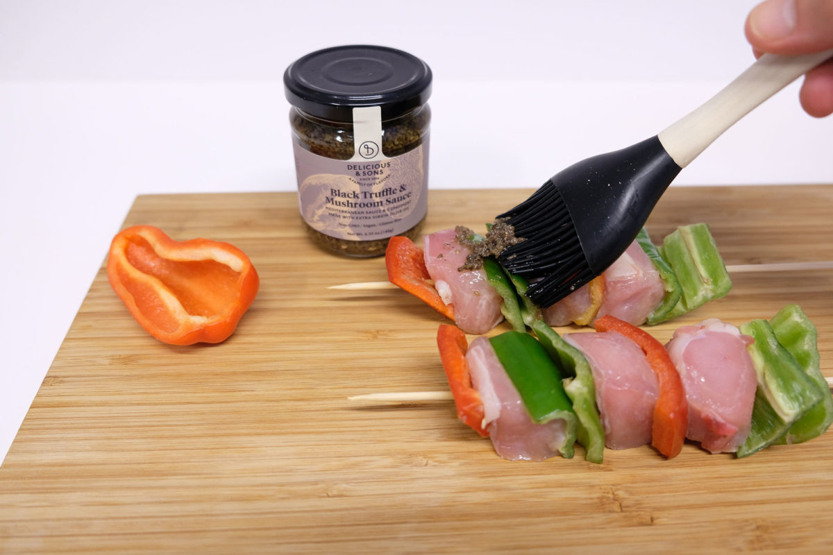 Grilled truffle chicken & pepper skewer by Ricky Mandle