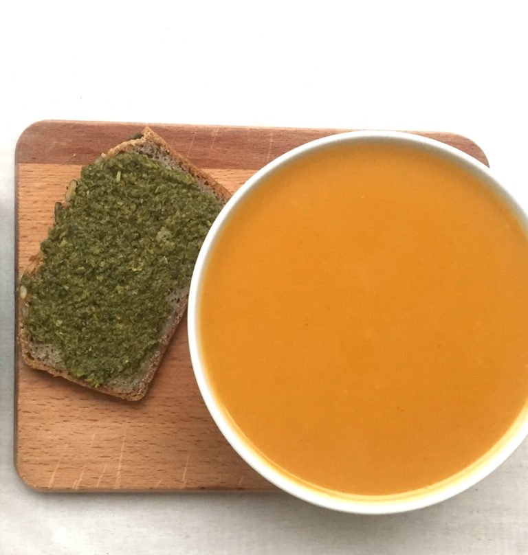 Pumpkin soup with Basil Pesto toast — Delicious & Sons