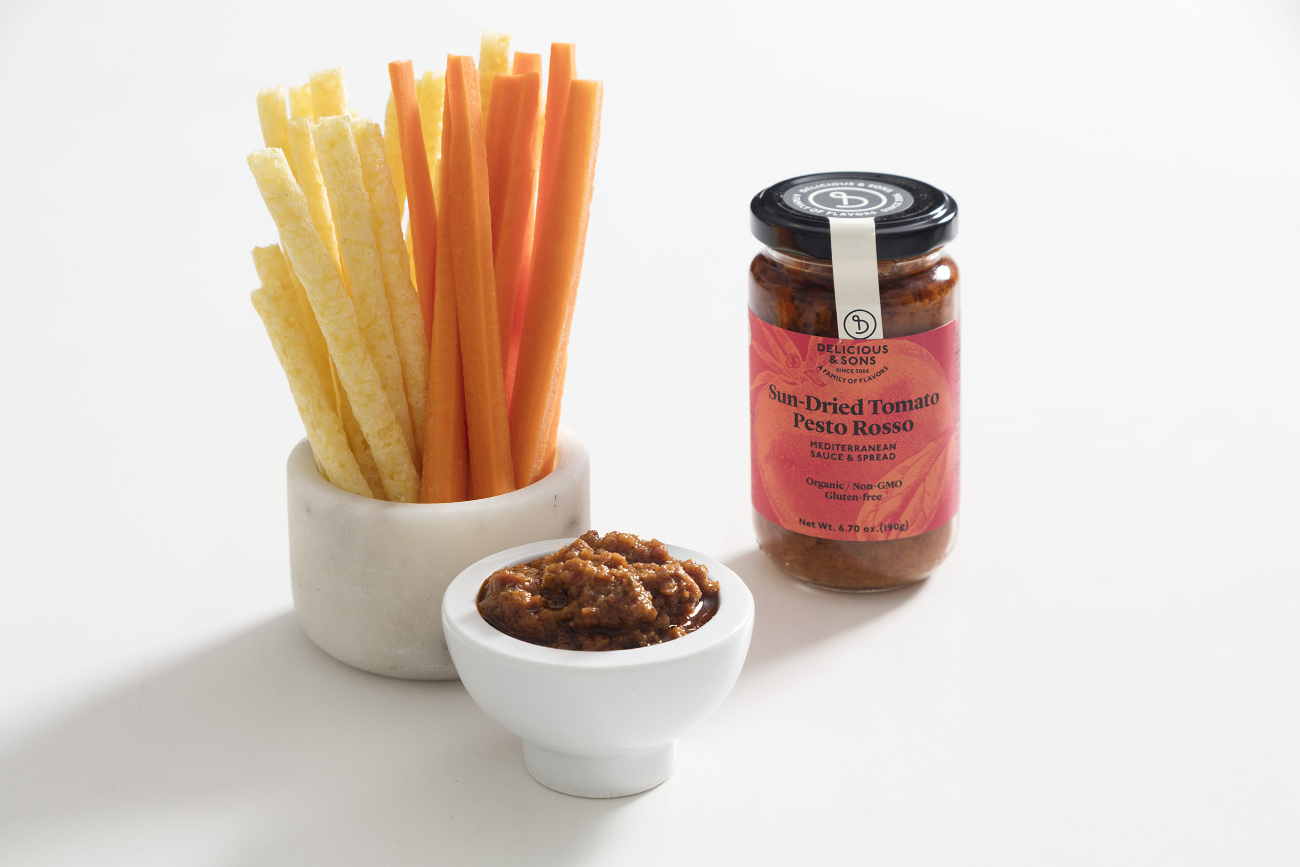 Pesto Rosso Dip with Crudité by Mónica Navarro Delicious & Sons